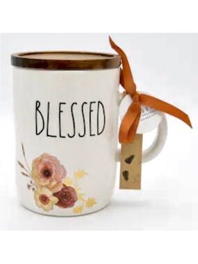 NWT Rae Dunn Gorgeous BLESSED Coffee Mug Cup Wood Lid 18Oz Ceramic Fall Flowers